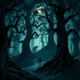 An illustration depicting dark shadows looming in a dense, mysterious forest