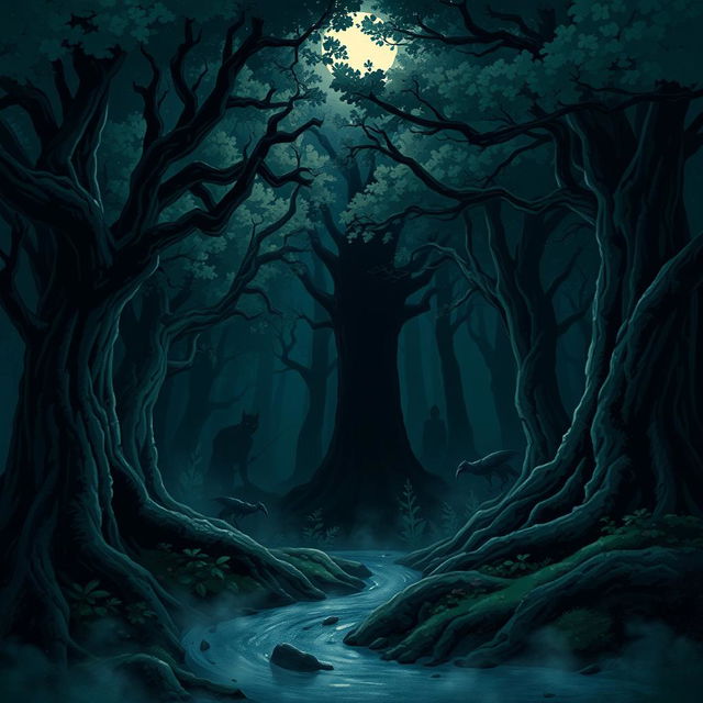 An illustration depicting dark shadows looming in a dense, mysterious forest