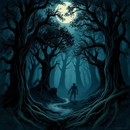 An illustration depicting dark shadows looming in a dense, mysterious forest