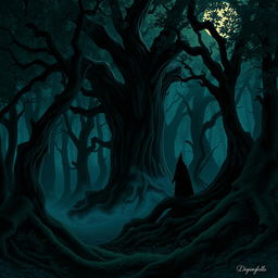An illustration depicting dark shadows looming in a dense, mysterious forest