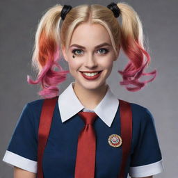 Generate an image of Harley Quinn from the DC Universe in a creative rendition, where she is wearing a traditional school uniform with her classic mischievous smile