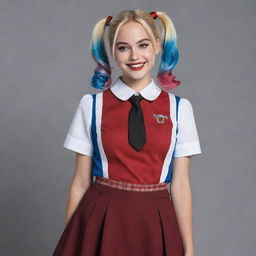 Generate an image of Harley Quinn from the DC Universe in a creative rendition, where she is wearing a traditional school uniform with her classic mischievous smile