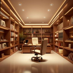 Create a simple yet classy 15ft by 15ft boss office, designed as per Vastu principles. Should feature a large desk, executive chair, and neatly arranged bookshelves in an elegantly lit environment.