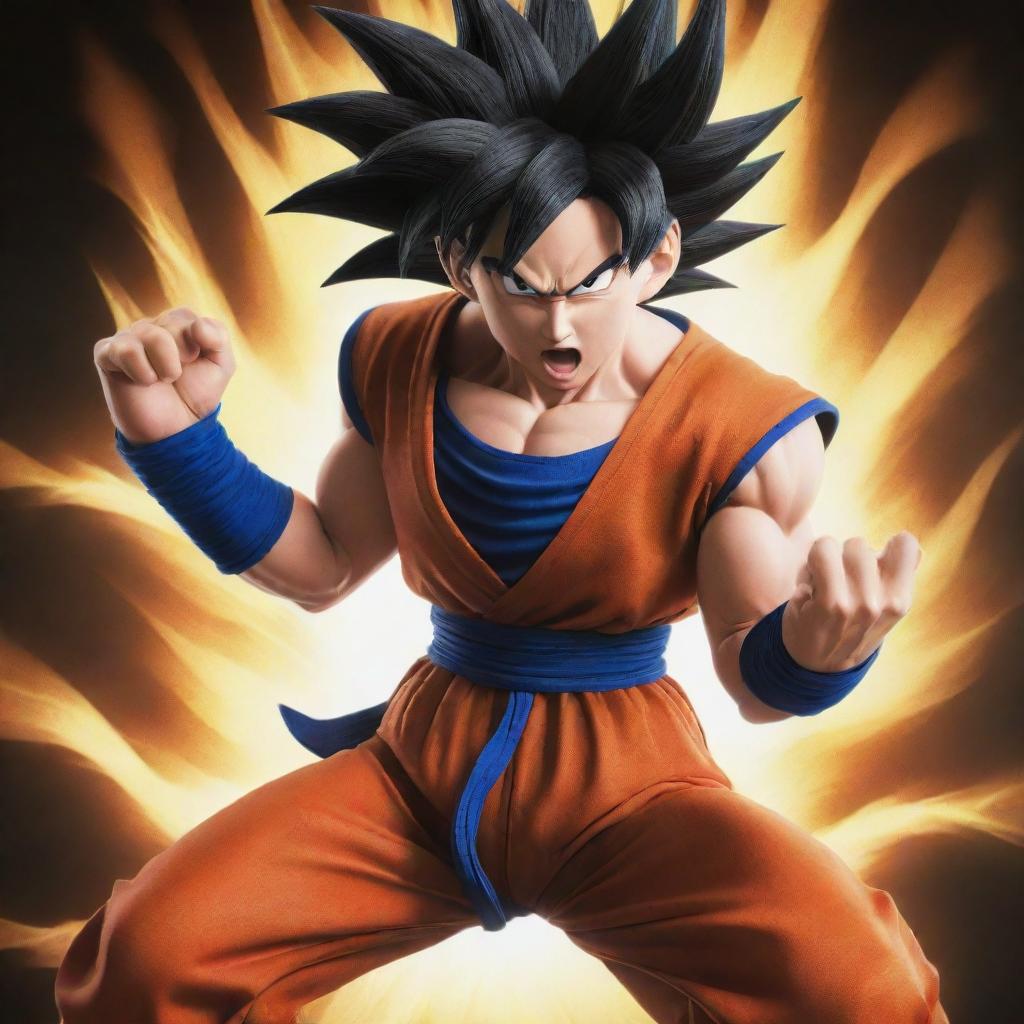 Generate an image of a female version of Goku from Dragon Ball Z, featuring distinctive Saiyan hairstyle, in an iconic battling stance, clutching a charging Kamehameha