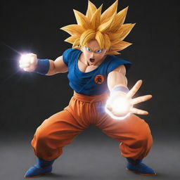 Generate an image of a female version of Goku from Dragon Ball Z, featuring distinctive Saiyan hairstyle, in an iconic battling stance, clutching a charging Kamehameha