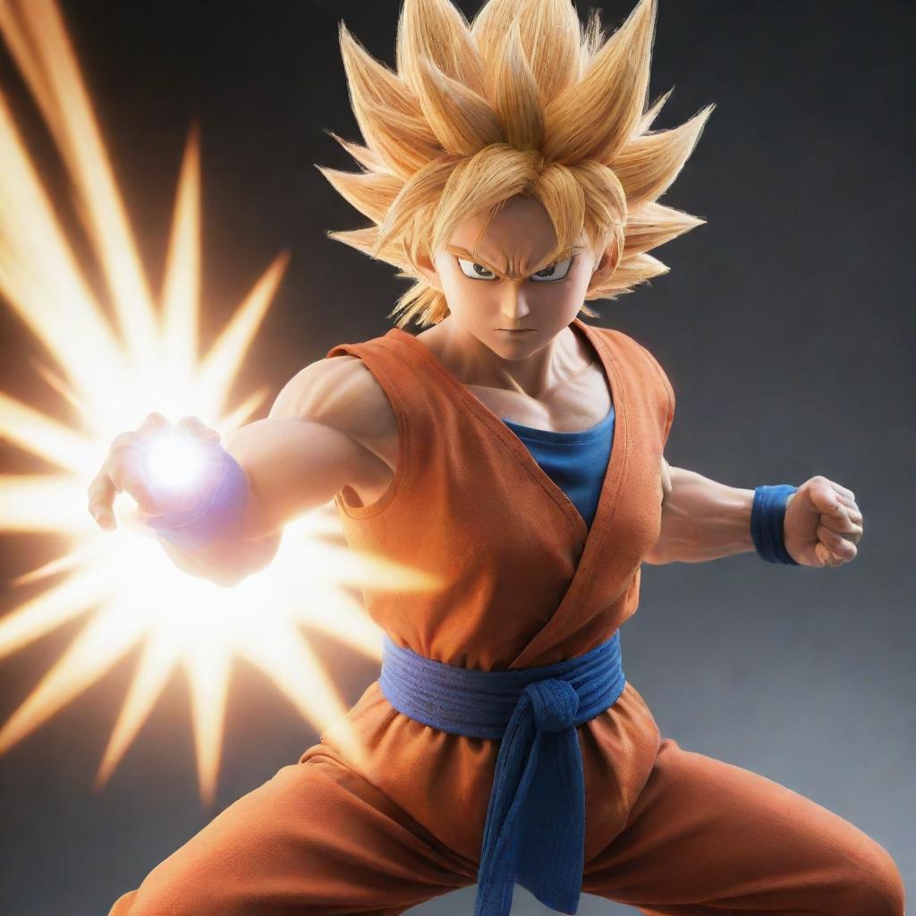 Generate an image of a female version of Goku from Dragon Ball Z, featuring distinctive Saiyan hairstyle, in an iconic battling stance, clutching a charging Kamehameha