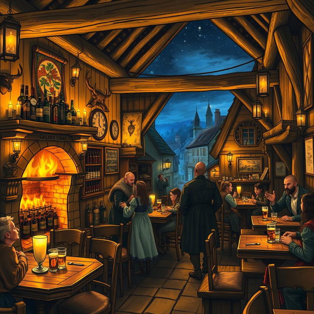 A cozy and inviting tavern named the Golden Flame, featuring warm golden lighting, wooden beams, and rustic furniture