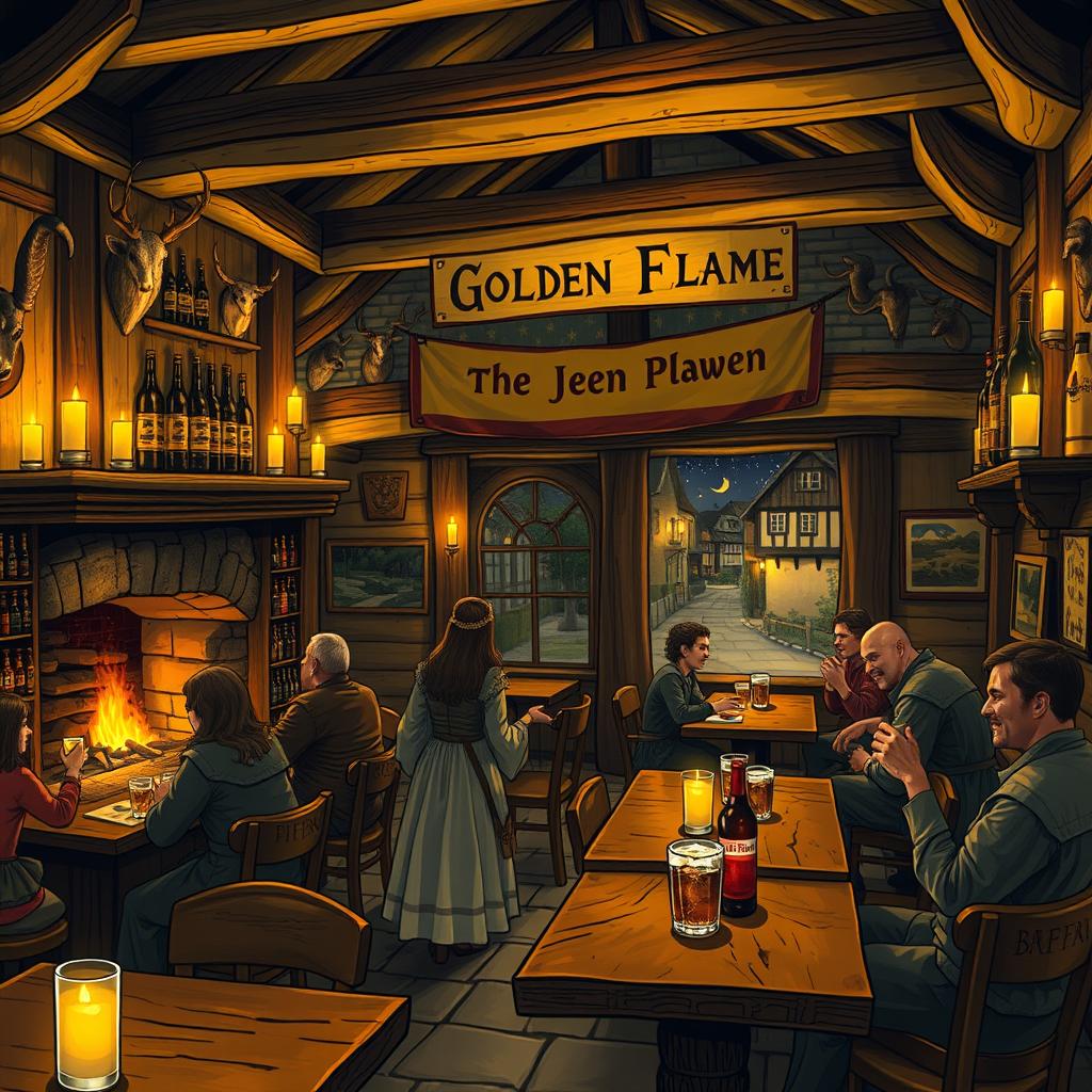 A cozy and inviting tavern named the Golden Flame, featuring warm golden lighting, wooden beams, and rustic furniture