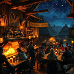 A cozy and inviting tavern named the Golden Flame, featuring warm golden lighting, wooden beams, and rustic furniture