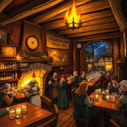 A cozy and inviting tavern named the Golden Flame, featuring warm golden lighting, wooden beams, and rustic furniture