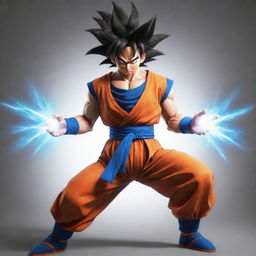 Generate an image of a female version of Goku from Dragon Ball Z, featuring distinctive Saiyan hairstyle, in an iconic battling stance, clutching a charging Kamehameha