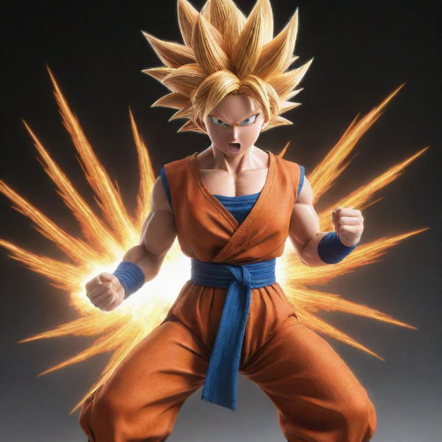 Generate an image of a female version of Goku from Dragon Ball Z, with her Saiyan hairstyle and outfit, in a dynamic fighting pose, focusing energy for a Kamehameha wave