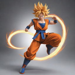 Generate an image of a female version of Goku from Dragon Ball Z, with her Saiyan hairstyle and outfit, in a dynamic fighting pose, focusing energy for a Kamehameha wave