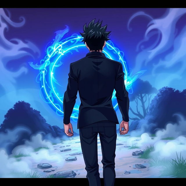 An anime-style illustration of a man with dark spiky hair walking towards a vibrant blue circular portal, seen from behind