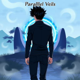 An anime-style illustration of a man with dark spiky hair walking towards a vibrant blue circular portal, seen from behind