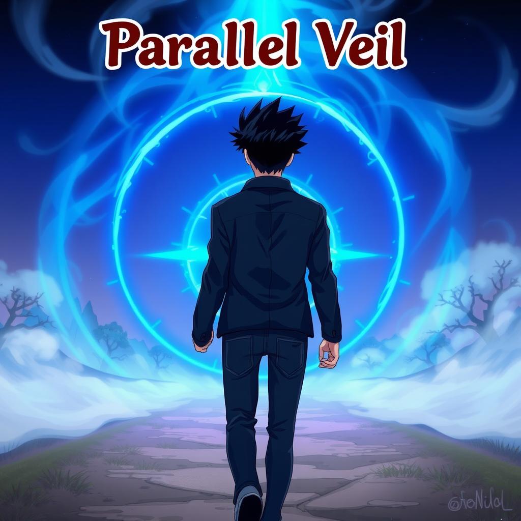 An anime-style illustration of a man with dark spiky hair walking towards a vibrant blue circular portal, seen from behind