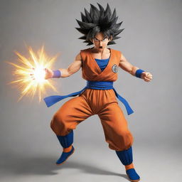 Generate an image of a female version of Goku from Dragon Ball Z, with her Saiyan hairstyle and outfit, in a dynamic fighting pose, focusing energy for a Kamehameha wave