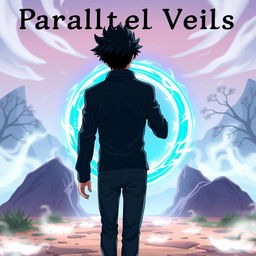 An anime-style illustration of a man with dark spiky hair walking towards a vibrant blue circular portal, seen from behind