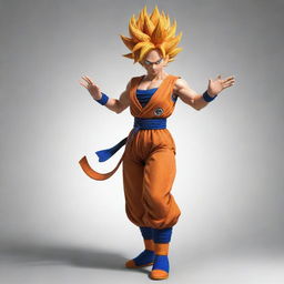 Generate an image of a female version of Goku from Dragon Ball Z, with her Saiyan hairstyle and outfit, in a dynamic fighting pose, focusing energy for a Kamehameha wave