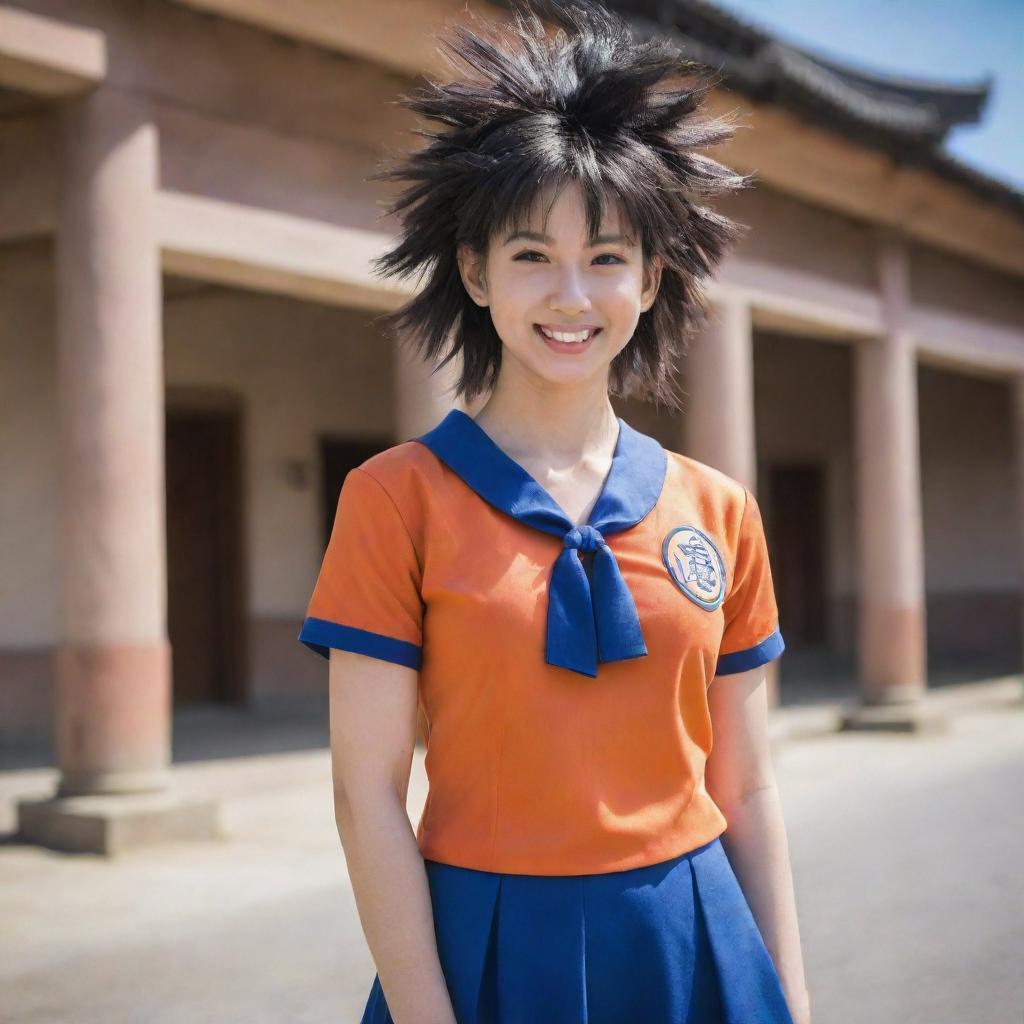 Generate an image of a female version of Goku from Dragon Ball Z, portraying her in an unusual setting wearing a traditional school uniform, her Saiyan hairstyle retained, and a kind smile on her face