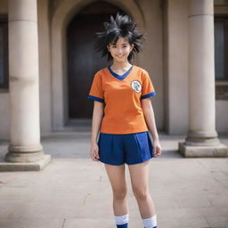 Generate an image of a female version of Goku from Dragon Ball Z, portraying her in an unusual setting wearing a traditional school uniform, her Saiyan hairstyle retained, and a kind smile on her face