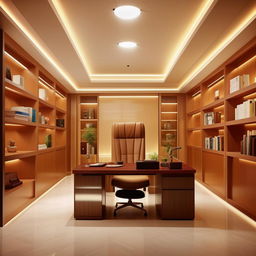 Create a simple yet classy 15ft by 15ft boss office, designed as per Vastu principles. Should feature a large desk, executive chair, and neatly arranged bookshelves in an elegantly lit environment.