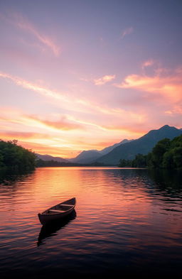 A serene landscape depicting a beautiful sunset over a tranquil lake, with soft ripples reflecting the warm hues of orange, pink, and purple in the sky