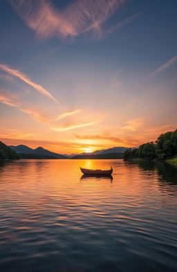 A serene landscape depicting a beautiful sunset over a tranquil lake, with soft ripples reflecting the warm hues of orange, pink, and purple in the sky