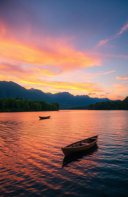A serene landscape depicting a beautiful sunset over a tranquil lake, with soft ripples reflecting the warm hues of orange, pink, and purple in the sky