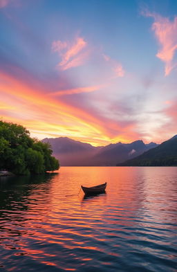 A serene landscape depicting a beautiful sunset over a tranquil lake, with soft ripples reflecting the warm hues of orange, pink, and purple in the sky
