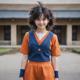 Generate an image of a female version of Goku from Dragon Ball Z, portraying her in an unusual setting wearing a traditional school uniform, her Saiyan hairstyle retained, and a kind smile on her face