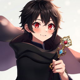 A captivating full-body portrayal of a charming 16-year-old anime boy with glossy black hair and striking red eyes