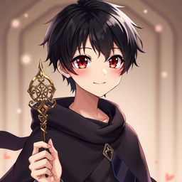 A captivating full-body portrayal of a charming 16-year-old anime boy with glossy black hair and striking red eyes