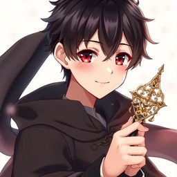 A captivating full-body portrayal of a charming 16-year-old anime boy with glossy black hair and striking red eyes