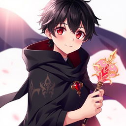 A captivating full-body portrayal of a charming 16-year-old anime boy with glossy black hair and striking red eyes