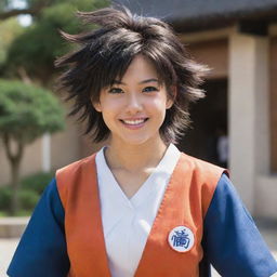 Generate an image of a female version of Goku from Dragon Ball Z, portraying her in an unusual setting wearing a traditional school uniform, her Saiyan hairstyle retained, and a kind smile on her face