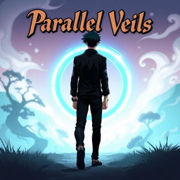 An anime-style illustration featuring a man with dark spiky hair walking towards a luminous blue circular portal, viewed from behind
