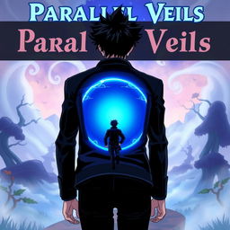 An anime-style illustration featuring a man with dark spiky hair walking towards a luminous blue circular portal, viewed from behind