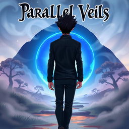 An anime-style illustration featuring a man with dark spiky hair walking towards a luminous blue circular portal, viewed from behind