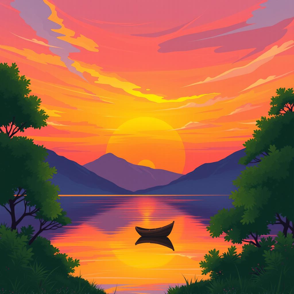 A serene illustration inspired by the theme 'Kahani Mere Hisse Ki', depicting a beautiful sunset over a tranquil lake