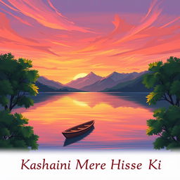 A serene illustration inspired by the theme 'Kahani Mere Hisse Ki', depicting a beautiful sunset over a tranquil lake
