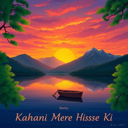 A serene illustration inspired by the theme 'Kahani Mere Hisse Ki', depicting a beautiful sunset over a tranquil lake