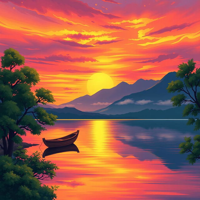 A serene illustration inspired by the theme 'Kahani Mere Hisse Ki', depicting a beautiful sunset over a tranquil lake