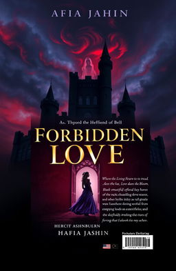 A book cover design for the novel 'Forbidden Love' by Afia Jahin, featuring striking visuals that blend elements of horror and romance