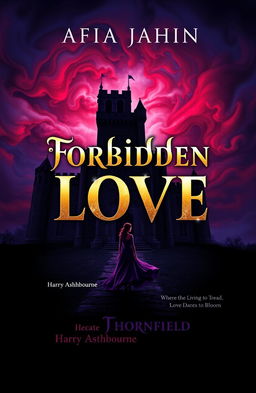 A book cover design for the novel 'Forbidden Love' by Afia Jahin, featuring striking visuals that blend elements of horror and romance