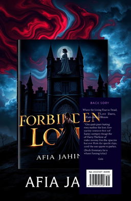 A book cover design for the novel 'Forbidden Love' by Afia Jahin, featuring striking visuals that blend elements of horror and romance