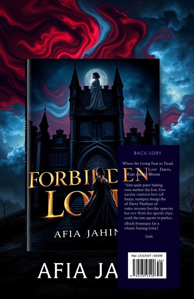 A book cover design for the novel 'Forbidden Love' by Afia Jahin, featuring striking visuals that blend elements of horror and romance