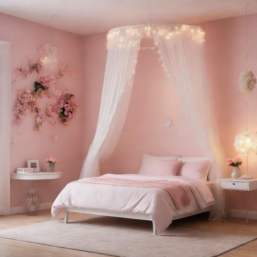 A modern bedroom with white canopy, beautiful hanging lights, enchanting wall decorations, a flower vase, small table, and a computer