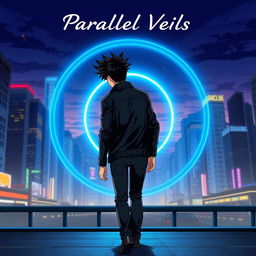 An anime-style illustration of a man with dark spiky hair walking towards a glowing blue circular portal, seen from behind