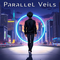 An anime-style illustration of a man with dark spiky hair walking towards a glowing blue circular portal, seen from behind